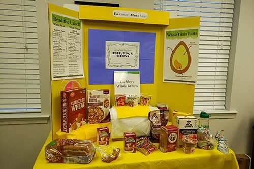 A yellow display board with information about wheat and grain products